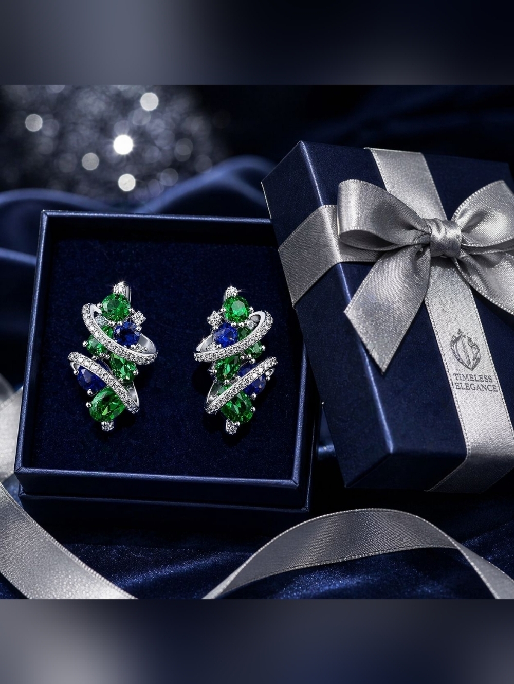 Twist Crystal Stud Earrings in Emerald & Sapphire - Women Jewelry - Picture 8 of 11